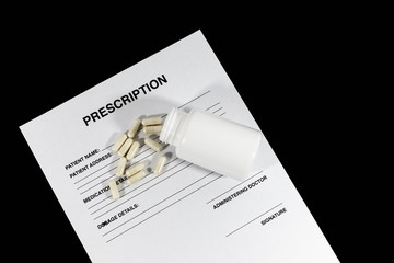 Mock prescription with pills and bottle, drug habits, dependancy, reliance on medication over healthy lifestyle choices