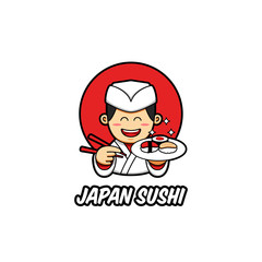 Japan sushi logo with japanese chef mascot character wear traditional white chef clothes bring sush on plate and chopstick in cartoon style