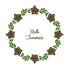 Vector illustration lettering hello summer with abstract purple wreath frame