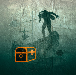 Silhouette of diver. Underwater world background. Underwater landscape with sunken ship and treasure chest. Marine life and fauna.