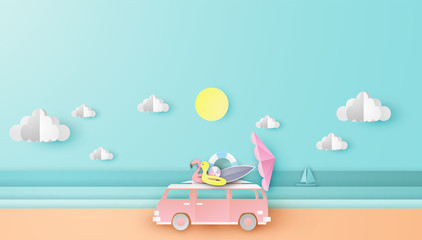 Illustration of driving a van Travel in summer on sea beach. Car with beach equipment Traveling along the beach in summer. paper cut and craft style. vector, illustration.