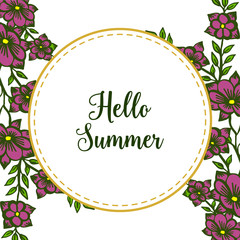 Vector illustration hello summer with round purple flower frame