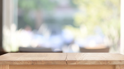 Top wood table in living room window background