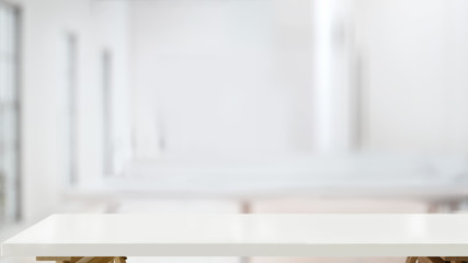 White wood tabletop and blurred bokeh office interior space background