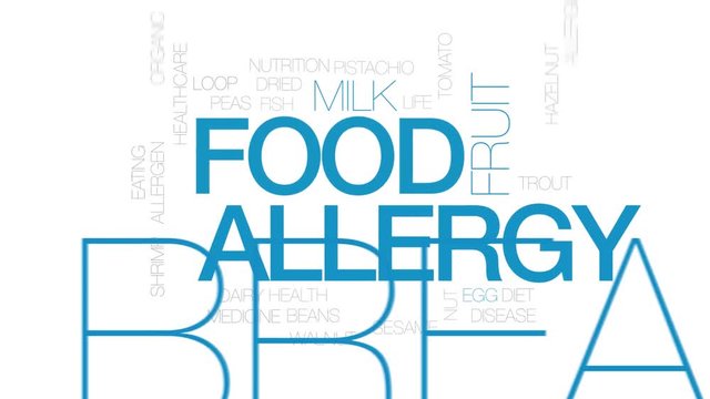 Food allergy animated word cloud. Kinetic typography.