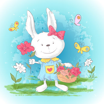 Illustration postcard cute cartoon bunny with flowers and butterflies. Print for clothes or children's room.