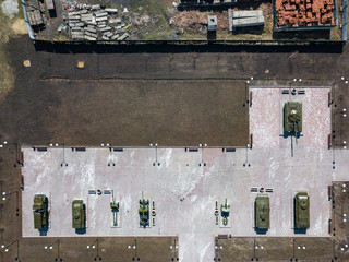 Top view of the park with monuments and monuments consisting of tanks, cannons and armored...