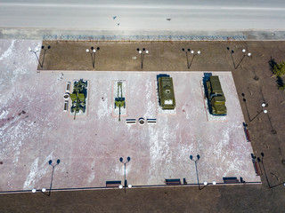 Top view of the park with monuments and monuments consisting of tanks, cannons and armored...
