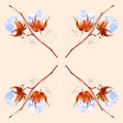 Watercolor illustration of the branches of the cotton with fluffy flowers. Isolated on brown background. Seamless pattern