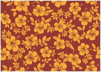 Seamless hibiscus illustration pattern, brown & yellow, background image of southern country and hawaii and tropical image | apparel, textile