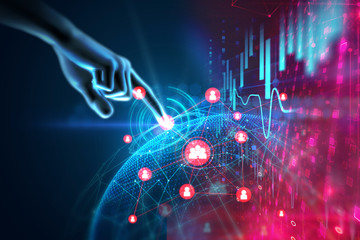 3d illustration of hand touch gesture on futuristic technology element
