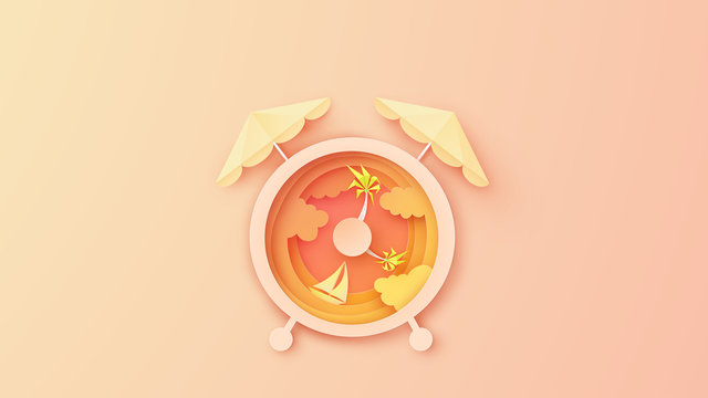 Creative design for Alarm clock with sea view in the evening sunset. Alarm clock design for Sea in Summer. paper cut and craft style. vector, illustration.