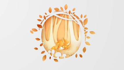 Illustration of mommy and baby fox live in the autumn forest. Cute fox family in autumn. paper cut and craft style. vector, illustration.