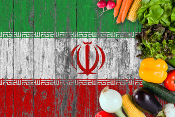 Fresh vegetables from Iran on table. Cooking concept on wooden flag background.