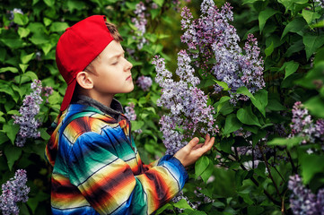 Cute boy in spring garden with blooming lilac . Children's walks in the fresh air