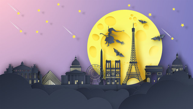 Illustration of Paris city on Halloween night. Paris's famous architecture on Halloween night. paper cut and craft style. vector, illustration.