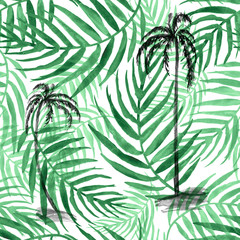 Seamless watercolor background from green tropical leaves, palm leaf, floral pattern. Bright Rapport for Paper, Textile, Wallpapern. Tropical leaves watercolor. Exotic tropical palm tree