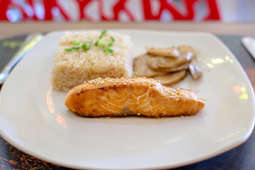 grilled salmaon steak with garlic rice