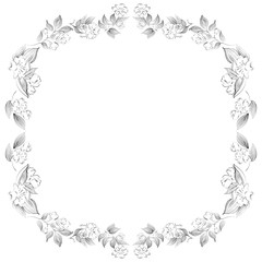 Wreath of black roses or peonies flowers and branches isolated of white. Foral frame design elements for invitations, greeting cards, posters, blogs. Hand drawn illustration. Line art. Sketch