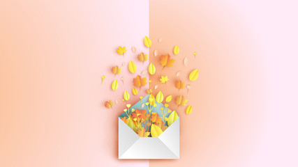 Creative design for Envelope with colorful leaves In the Autumn. greeting card for autumn. Bouquet in the form of envelope. Envelope and flowers on the book. paper art design. vector, illustration.