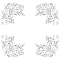 Wreath of black roses or peonies flowers and branches isolated of white. Foral frame design elements for invitations, greeting cards, posters, blogs. Hand drawn illustration. Line art. Sketch