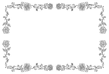 Wreath of black roses or peonies flowers and branches isolated of white. Foral frame design elements for invitations, greeting cards, posters, blogs. Hand drawn illustration. Line art. Sketch