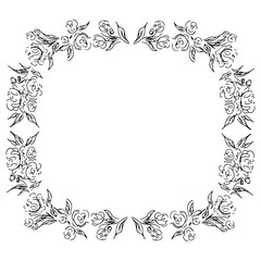Wreath of black roses or peonies flowers and branches isolated of white. Foral frame design elements for invitations, greeting cards, posters, blogs. Hand drawn illustration. Line art. Sketch