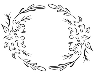 Wreath of black roses or peonies flowers and branches isolated of white. Foral frame design elements for invitations, greeting cards, posters, blogs. Hand drawn illustration. Line art. Sketch