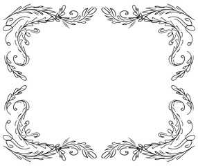 Wreath of black roses or peonies flowers and branches isolated of white. Foral frame design elements for invitations, greeting cards, posters, blogs. Hand drawn illustration. Line art. Sketch - 266451771