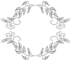 Wreath of black roses or peonies flowers and branches isolated of white. Foral frame design elements for invitations, greeting cards, posters, blogs. Hand drawn illustration. Line art. Sketch