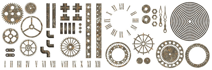 Big set of steampunk gear collection with rust texture - obrazy, fototapety, plakaty
