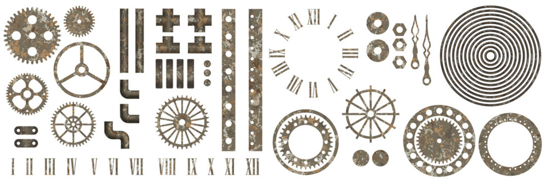Big set of steampunk gear collection with rust texture