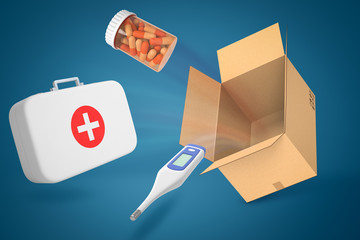 3d rendering of doctor's case, electrical thermometer, jar full of pills and empty cardboard box on blue background.