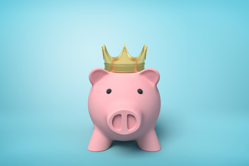 3d front close-up rendering of pink piggy bank wearing gold crown on light-blue background.