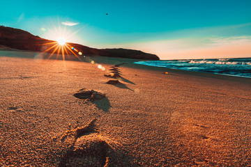 Footprints in Sand on Beach at Sunrise