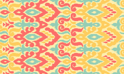 Ethnic style seamless pattern with ikat stylized ornament. Traditional ornamental textile design. Folklore handicraft repeating background.