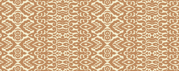 Ethnic style seamless pattern with ikat stylized ornament. Traditional ornamental textile design. Folklore handicraft repeating background.