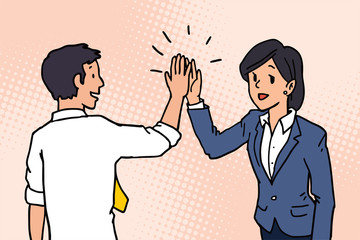 Businessman giving high five to his partner, colleague, friend. Business concept of cooperation, partnership, celebration, enjoyment. Vector illustration character, draw, sketch, doodle style.