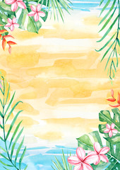 Fototapeta na wymiar Watercolor tropical flower and leaf arrangement border frame for wedding, anniversary, birthday, invitations, cards on color bakground beach
