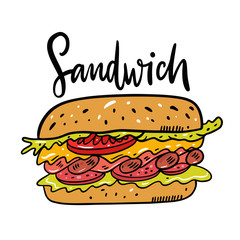 Sandwich. Hand drawn vector illustration. Colorful cartoon style. Isolated on white background.
