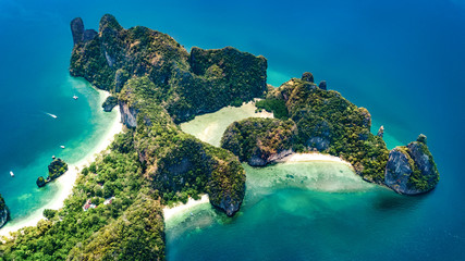 Aerial drone view of tropical Koh Hong island in blue clear Andaman sea water from above, beautiful archipelago islands and beaches of Krabi, Thailand - obrazy, fototapety, plakaty
