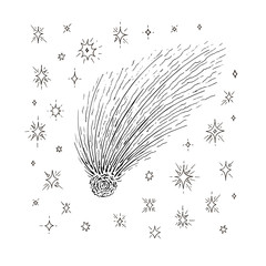 Comet and stars hand drawn. Vector sketch ink illustration of space objects.