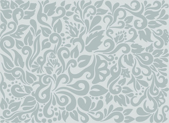 Decorative background with hand drawn tribal tattoo elements, flowers and leaves. Gray backdrop vector tracery on light gray background