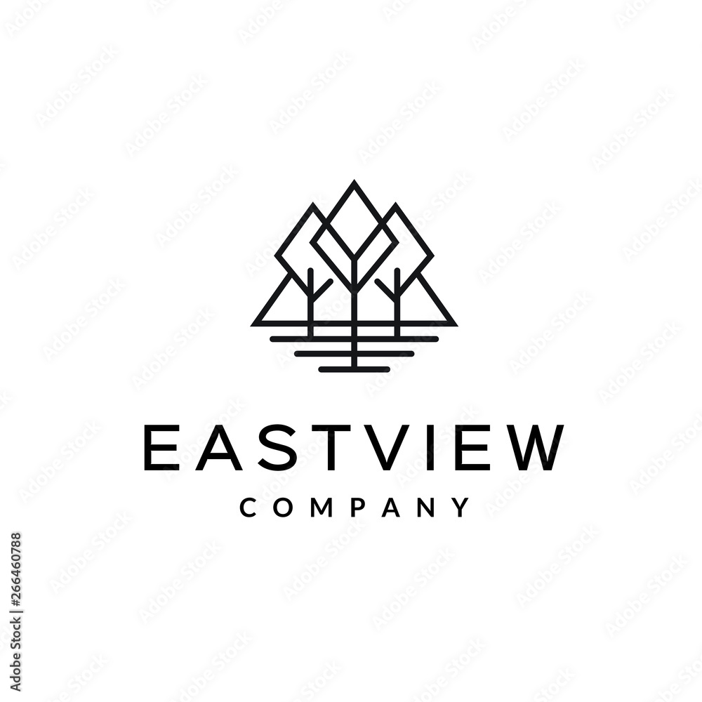 Wall mural tree and mountain with lake outline logo design inspiration