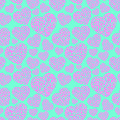 Hand drawn pink tribal heart seamless pattern on blue background for fabric, cloth, print, textile, backsplash and wrapping paper. Endless backdrop vector illustration