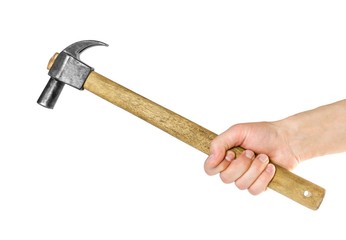 Hand holding a hammer with a wooden handle. Close up. Isolated on white background