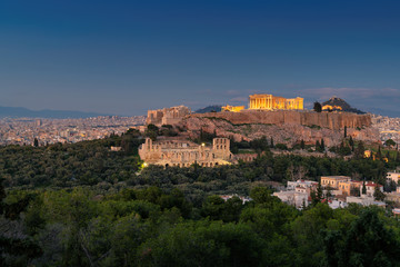 Fototapeta na wymiar Night view of the Acropolis in Athens, Greece, with the Parthenon Temple, Athens, Greece.