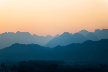 The misty peaks were at sunset