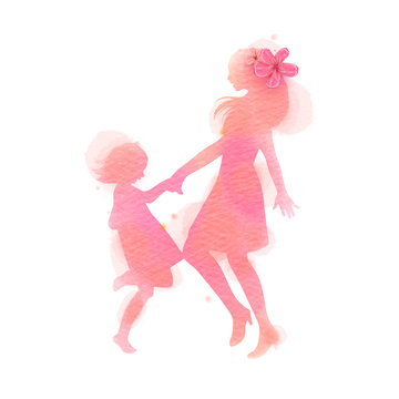 Happy mom and girl dancing silhouette on watercolor background. Mother and daughter. Happy mother's day. Digital art painting. Vector illustration.