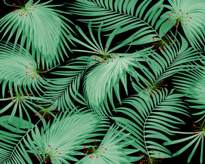 Fototapeta na wymiar tropical green palm leaf tree and flower background